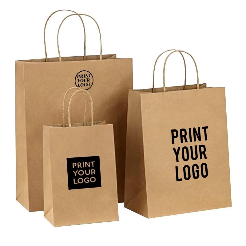 Three kraft paper shopping bags with twisted handles in various sizes with print your logo text