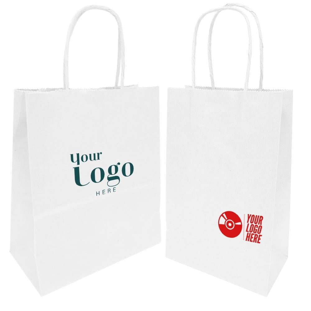 Two white paper shopping bags with twisted handles showing front and back sides, one displaying a teal logo and the other a red circular logo.